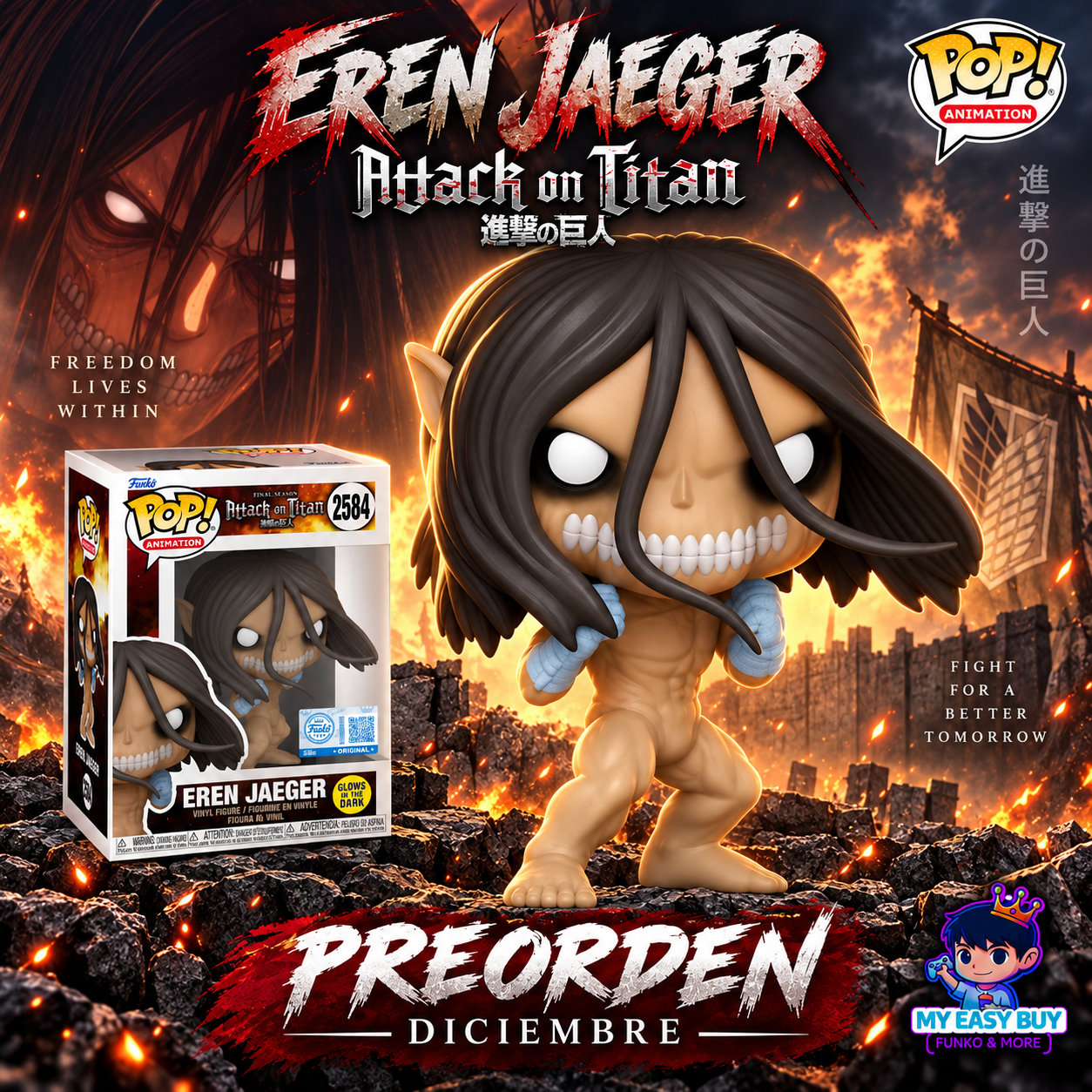 (Preorden Dic) Attack of titan - Eren Jaeger Glow in the dark 4” pop Exclusive #2584