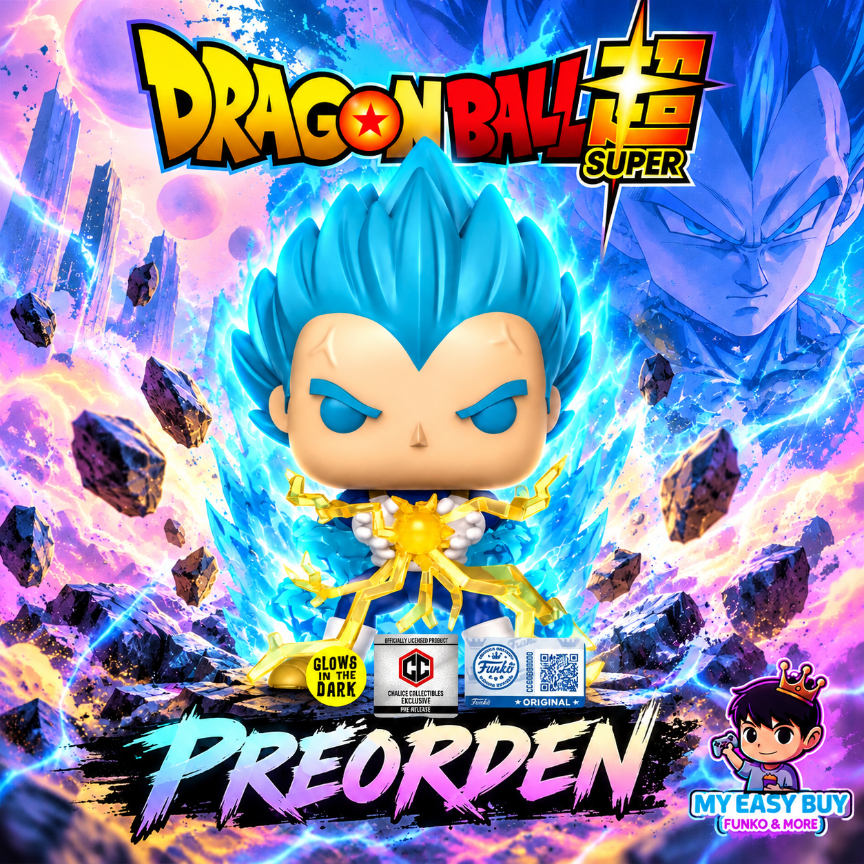 (Preorden Feb) Dragon ball - SSGSS VEGETA FINAL FLASH GLOW IN THE DARK PRE RELEASE CHALICE COLLECTIBLE STICKER