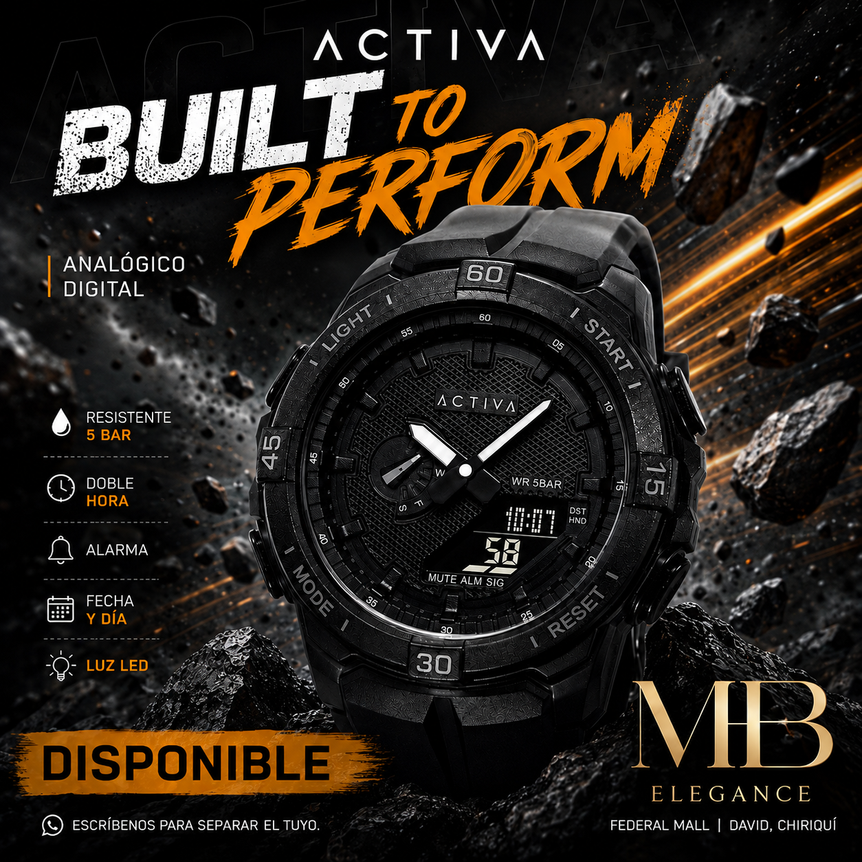Activa - Spry Analog Digital Sport Black Essential 53mm (Sk160) 5atm